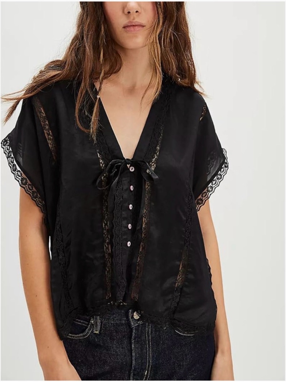 Black Lace-Trim V-Neck Women's Top